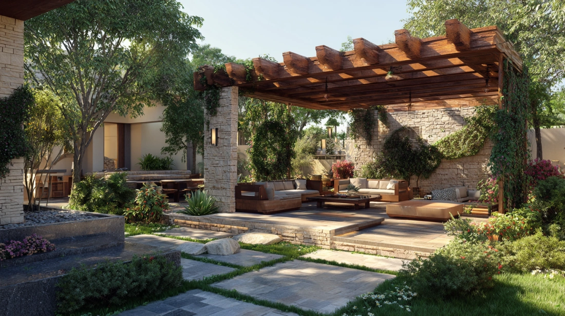 Luxurious indoor courtyard with marble pillars and arched ceilings