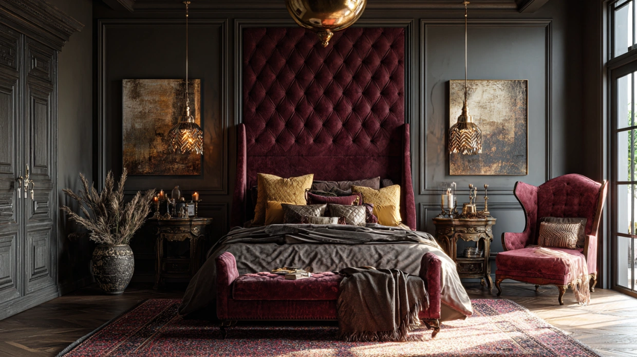 Luxurious bedroom with a statement bed and rich fabrics