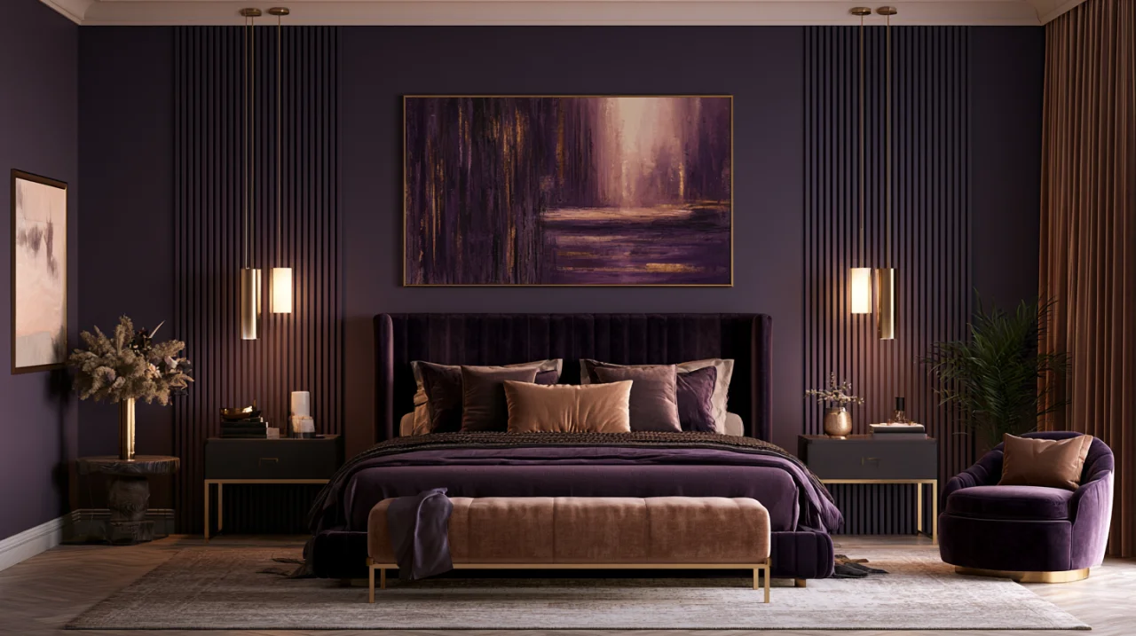 Royal purple wall art in a luxury bedroom