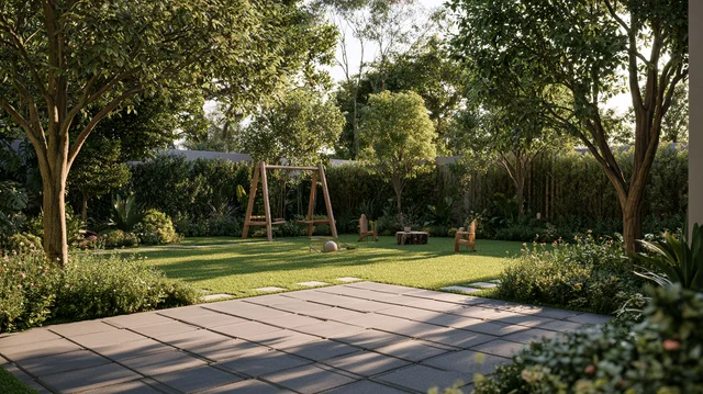 Rubber tile flooring in a backyard play area