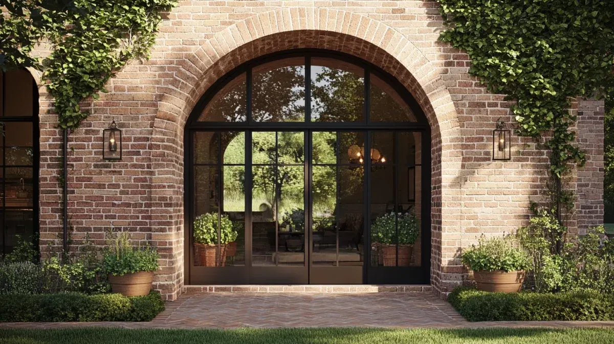 Rustic red brick archway with a black steel frame door