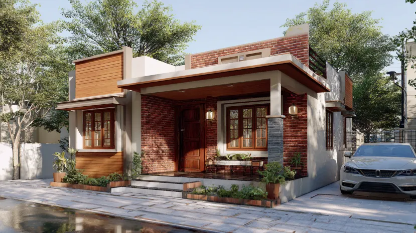 Low cost normal house front elevation with brick details