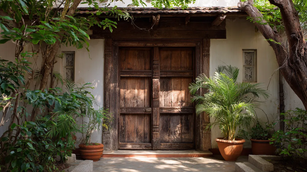rustic battened and ledged wooden door with visible planks and sturdy hinges