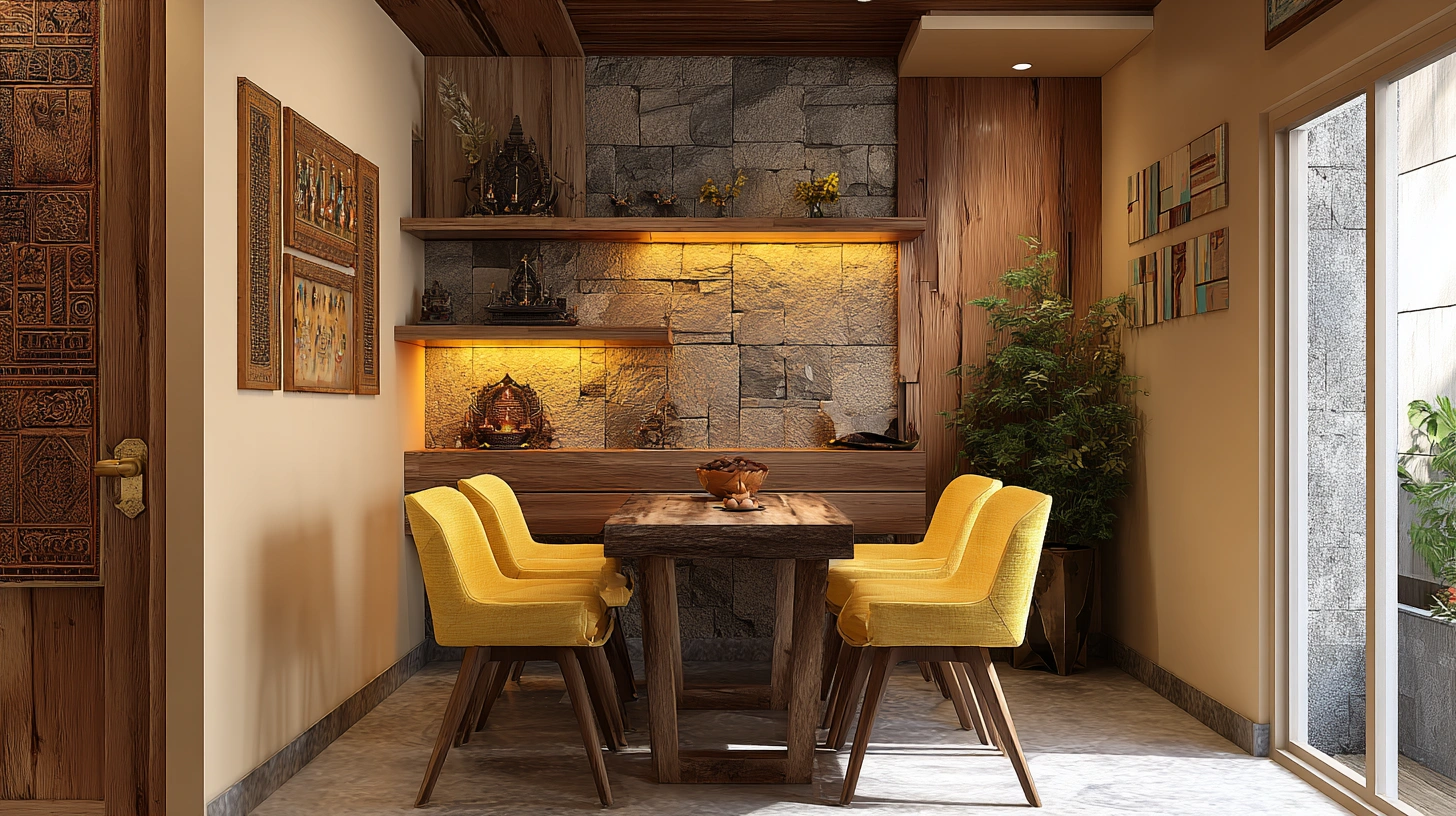 Reclaimed wood and stone wall mandir in dining area
