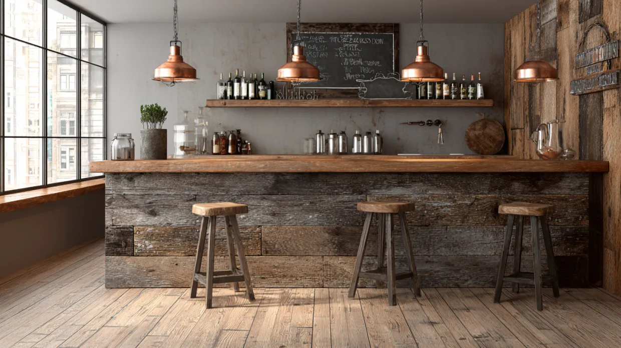 rustic home bar design with wooden top and vintage accessories