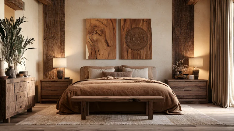 Wooden wall art in a rustic bedroom