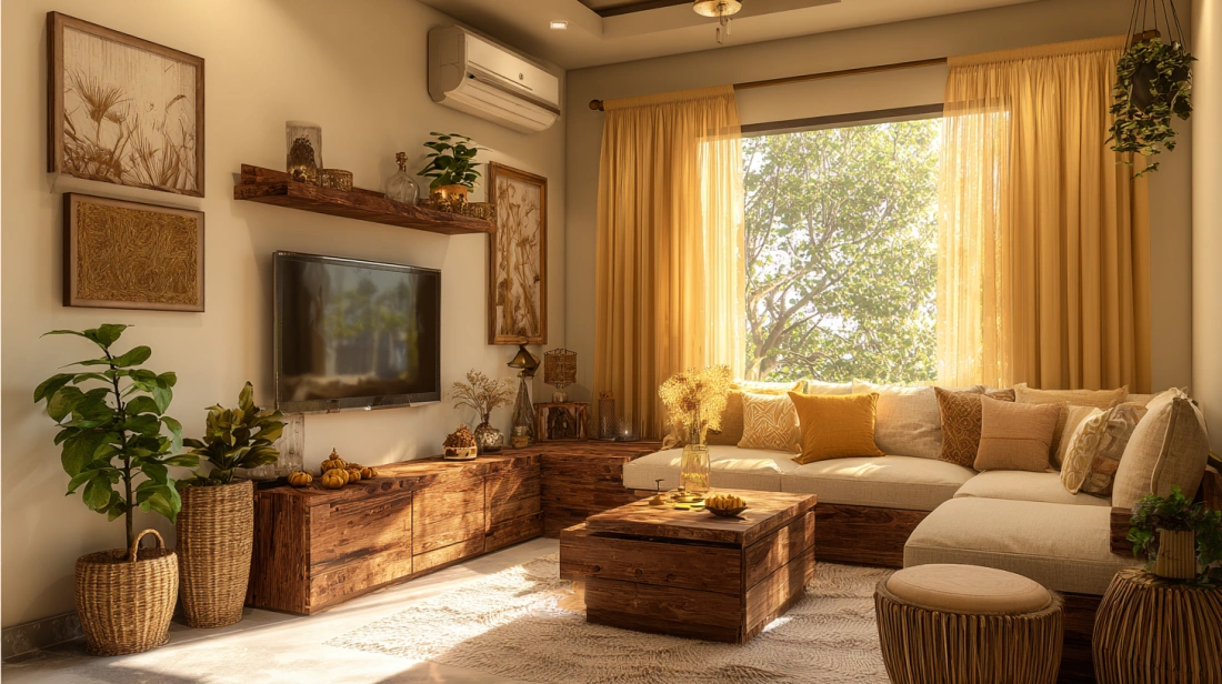 Rustic wood corner TV unit with natural texture