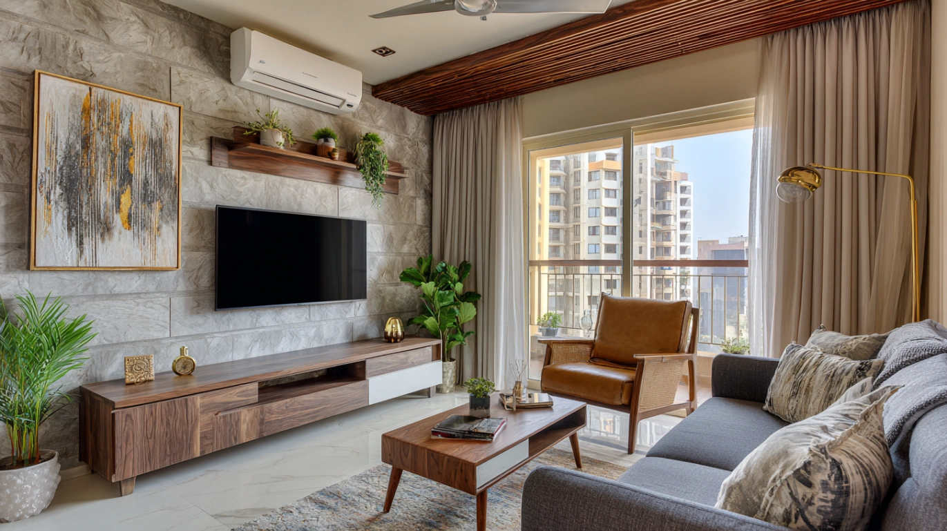 Grey couch near tiled television feature wall