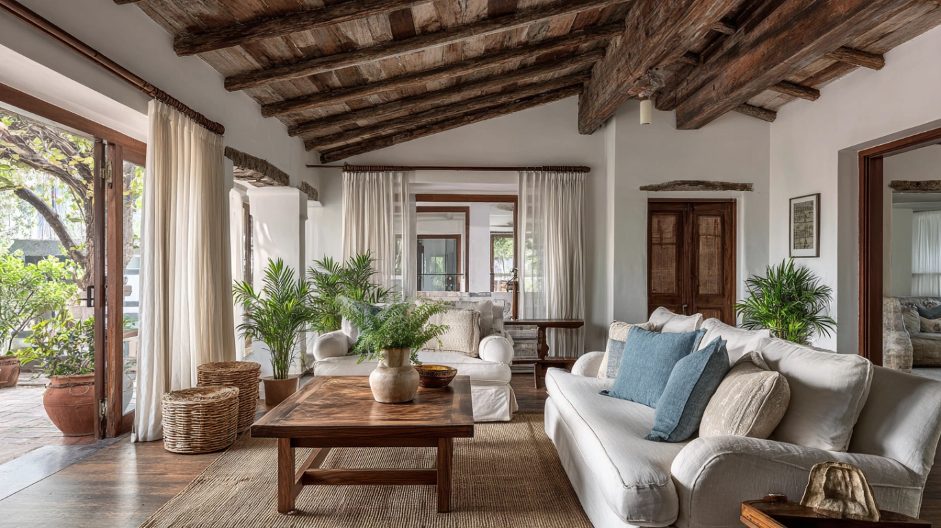 Large room with exposed wooden ceiling beams