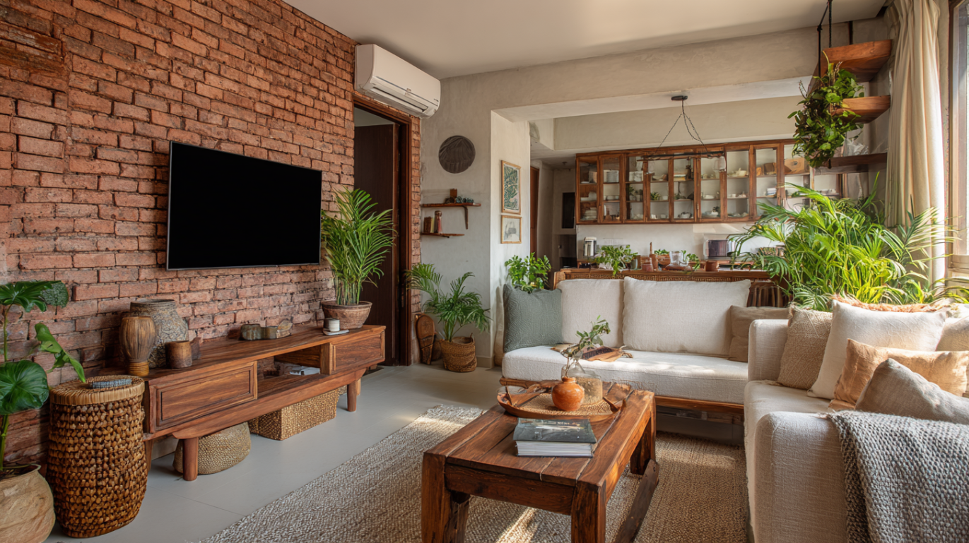 Rustic farmhouse living room with wood accents