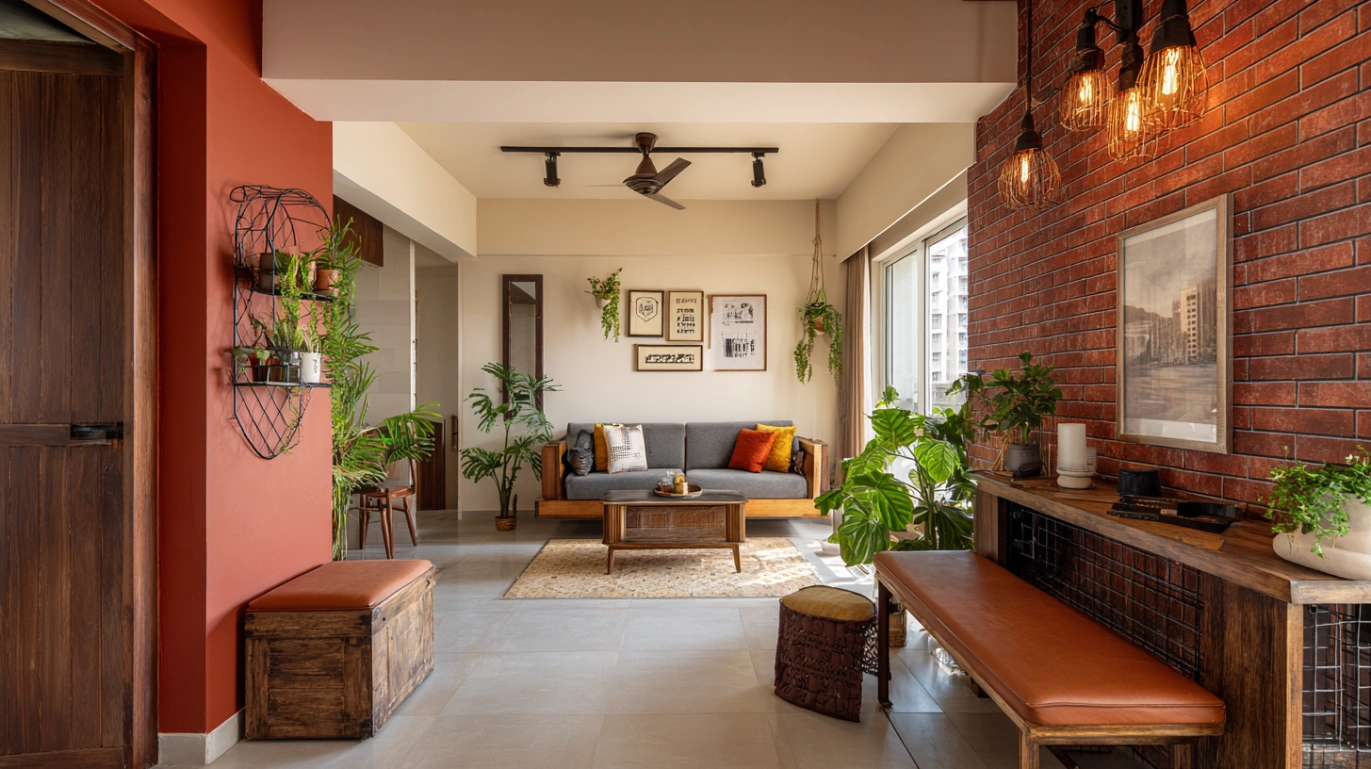 Living room with a brick accent wall