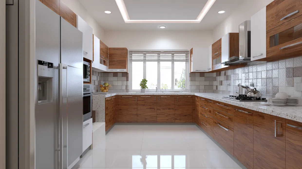 rustic Indian style modular kitchen with wooden cabinets and traditional décor elements