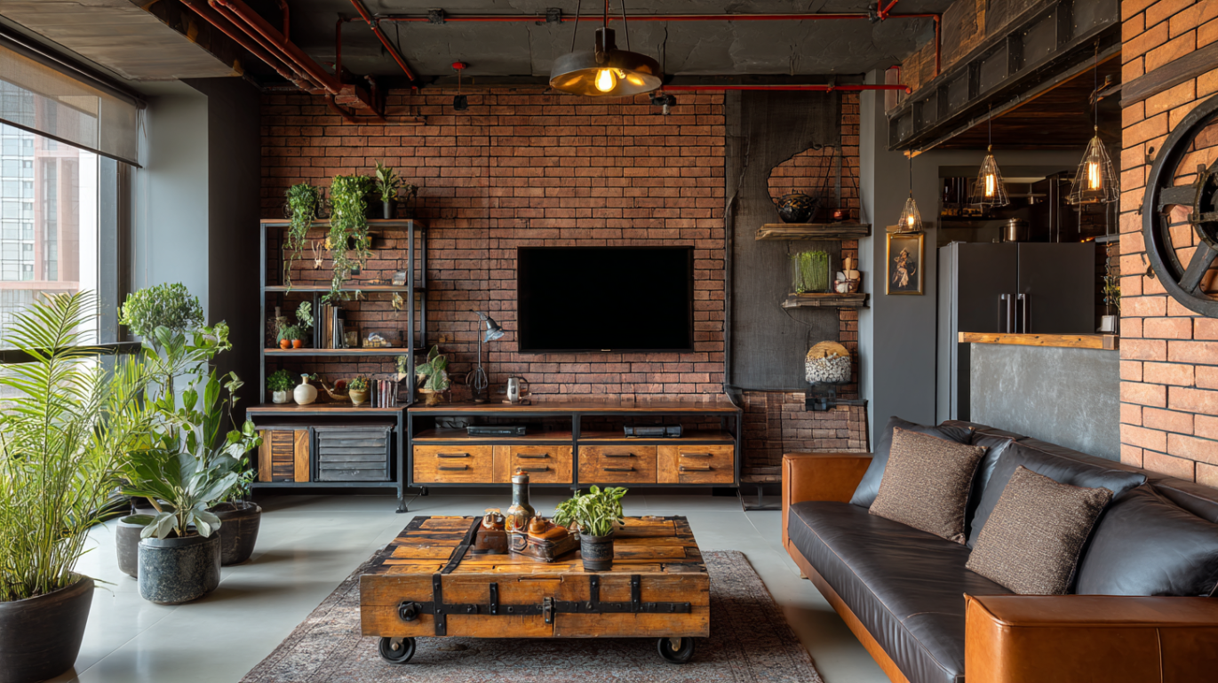 Rustic industrial living room with reclaimed wood
