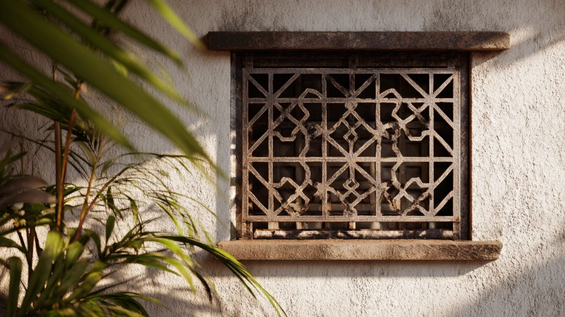 weathered iron style featured in a rustic window grill design