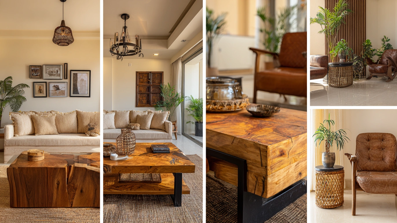 Collage showcasing organic wooden coffee tables
