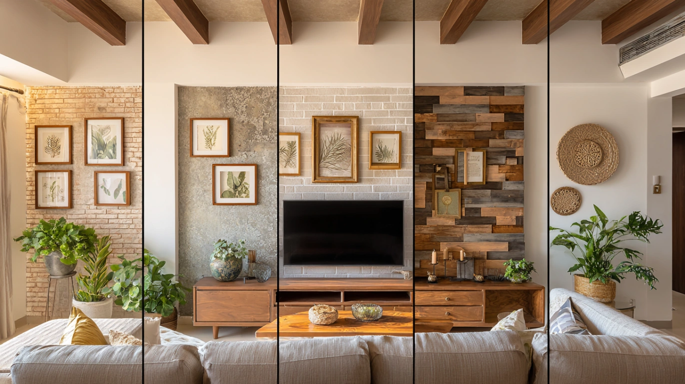 Split image showcasing diverse textured walls