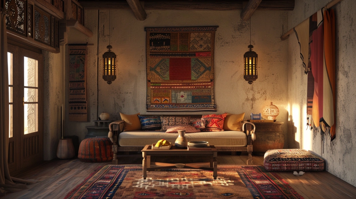 Rustic Indian living room with wooden furniture and warm tones