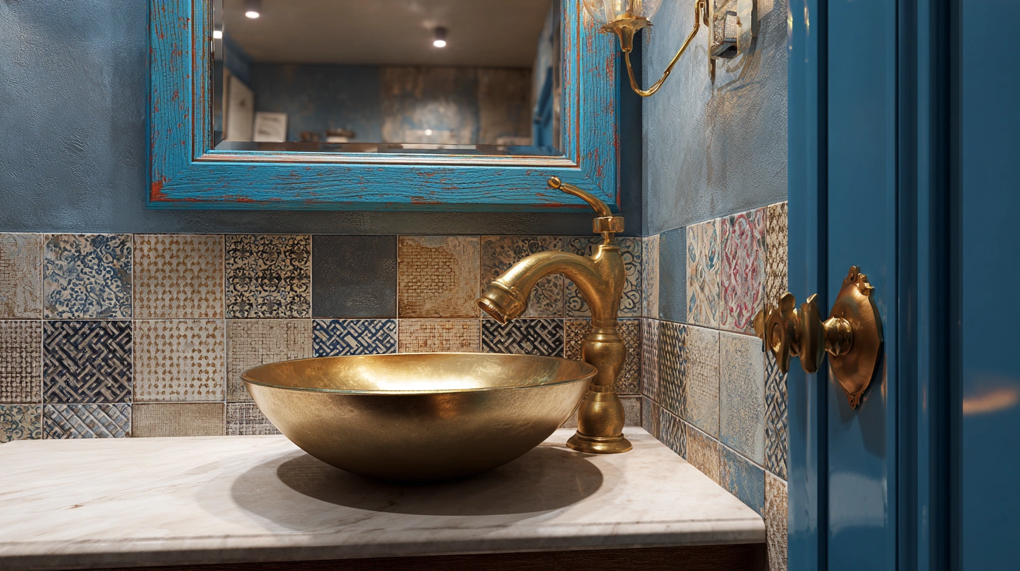 Brass bowl basin with jharokha mirror in dining corner