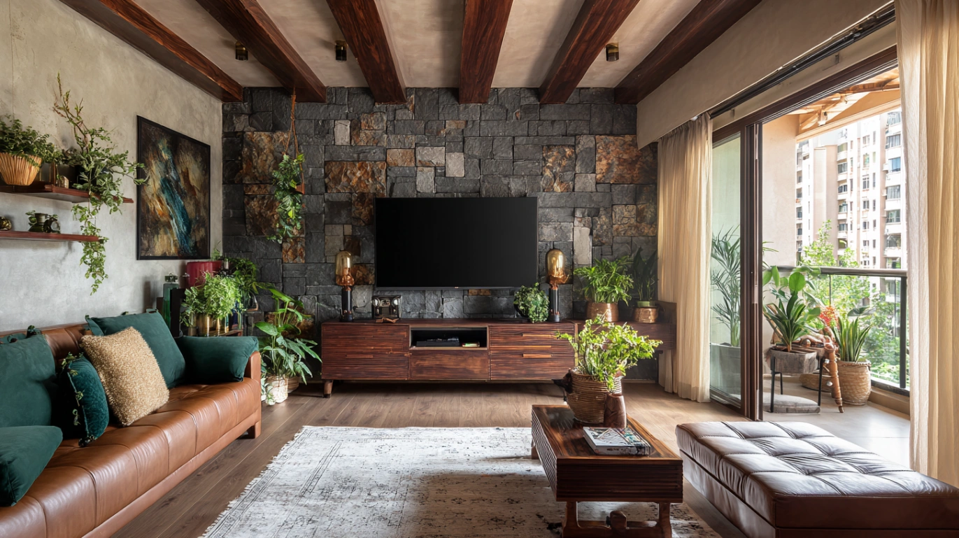 Leather sofa facing stone television wall
