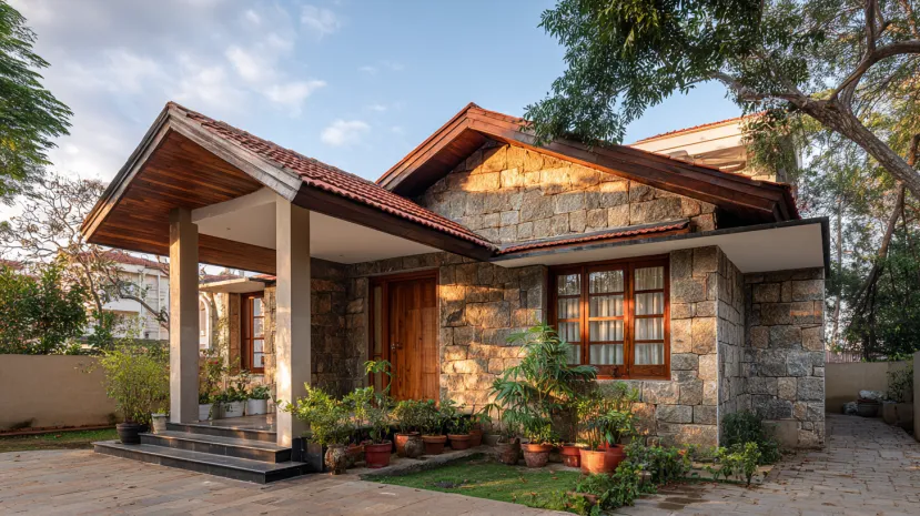 Rustic stone village single-floor home front design