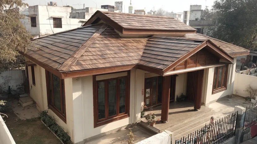 Rustic wood composite roof panels for a natural look.