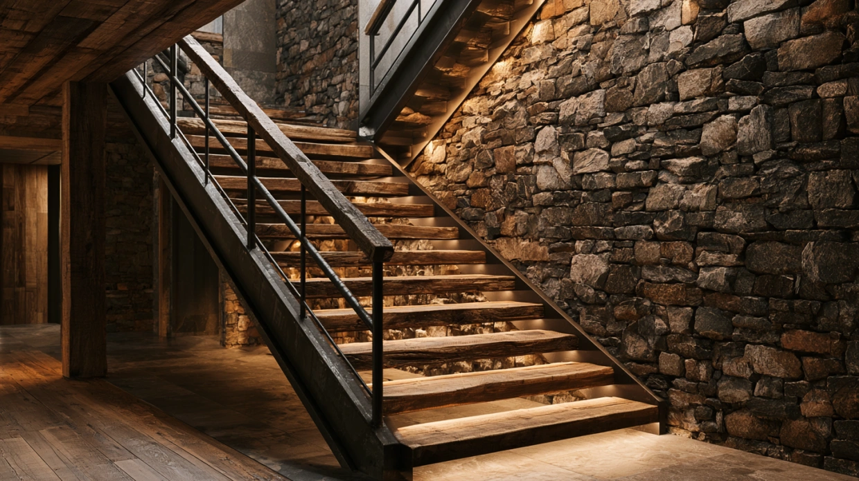 Rustic wood steel stair grill
