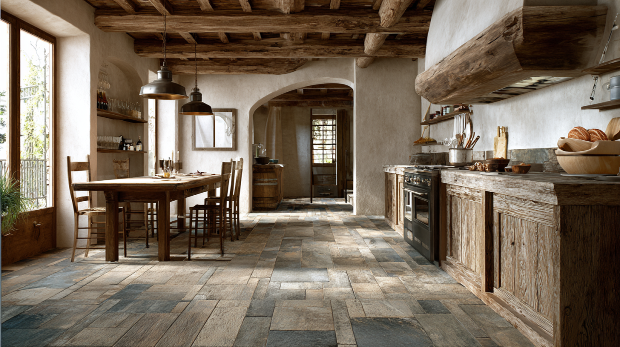 Rustic Wooden Finish Kitchen Floor Tile Design kitchen floor