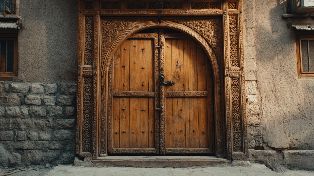 Carved wooden arch door with traditional floral detailing
