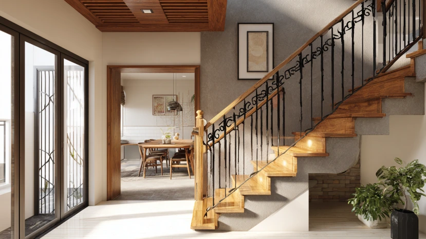 rustic wood and iron blend in classic stair railing design