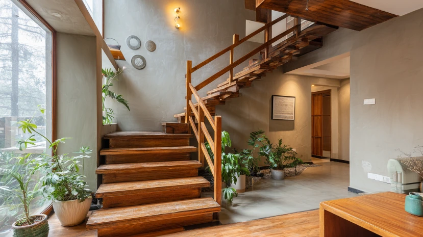 rustic wood finish featured in warm stair railing design