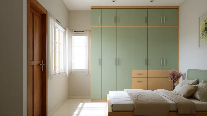 sage green and beige in two colour combination of wardrobe design