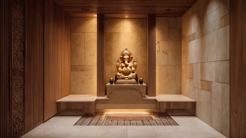 sandstone tiles adding a natural touch to pooja room tile designs