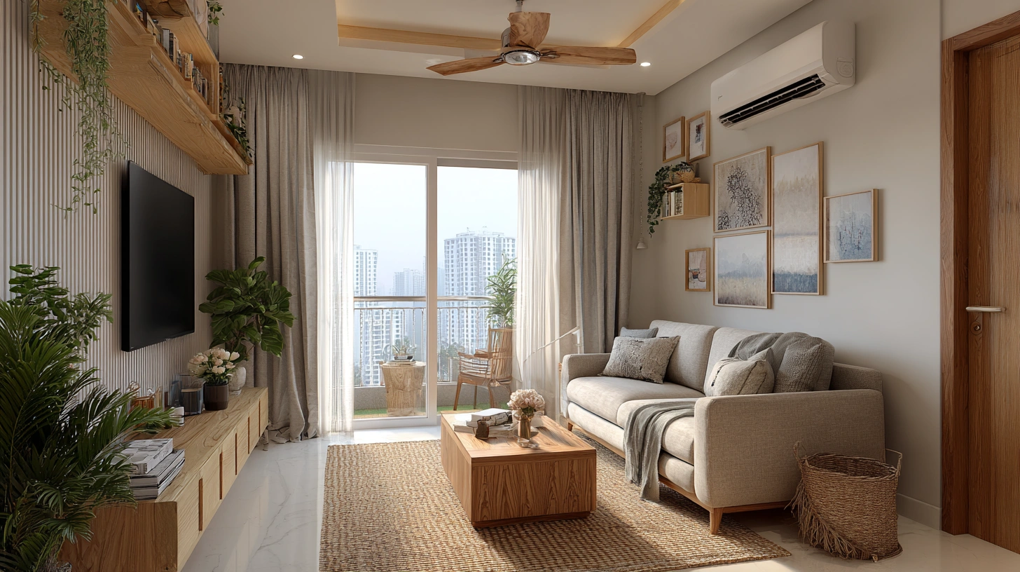 Cozy beige sofa facing wood-slat media wall