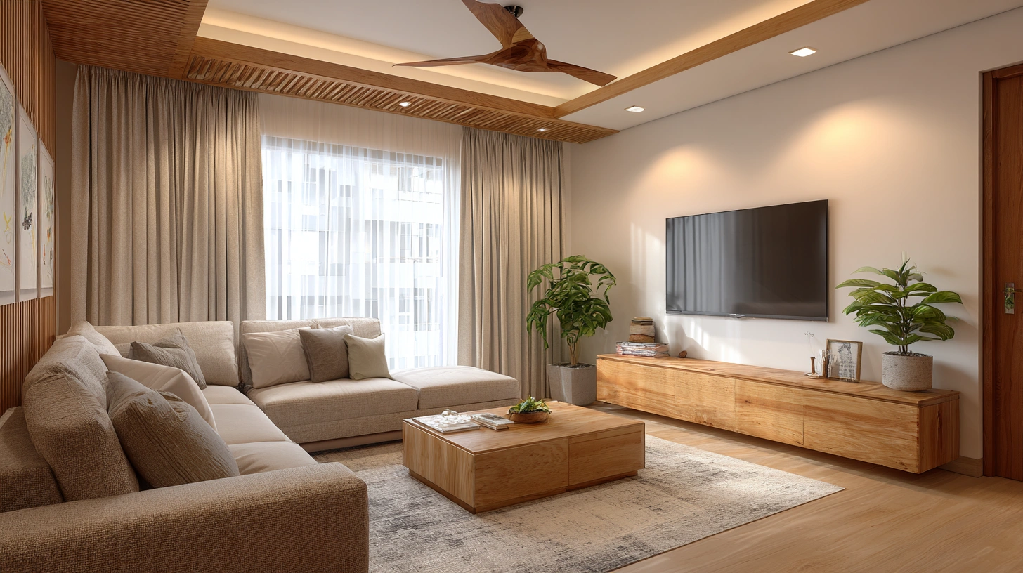 Light wooden ceiling slats above modern media