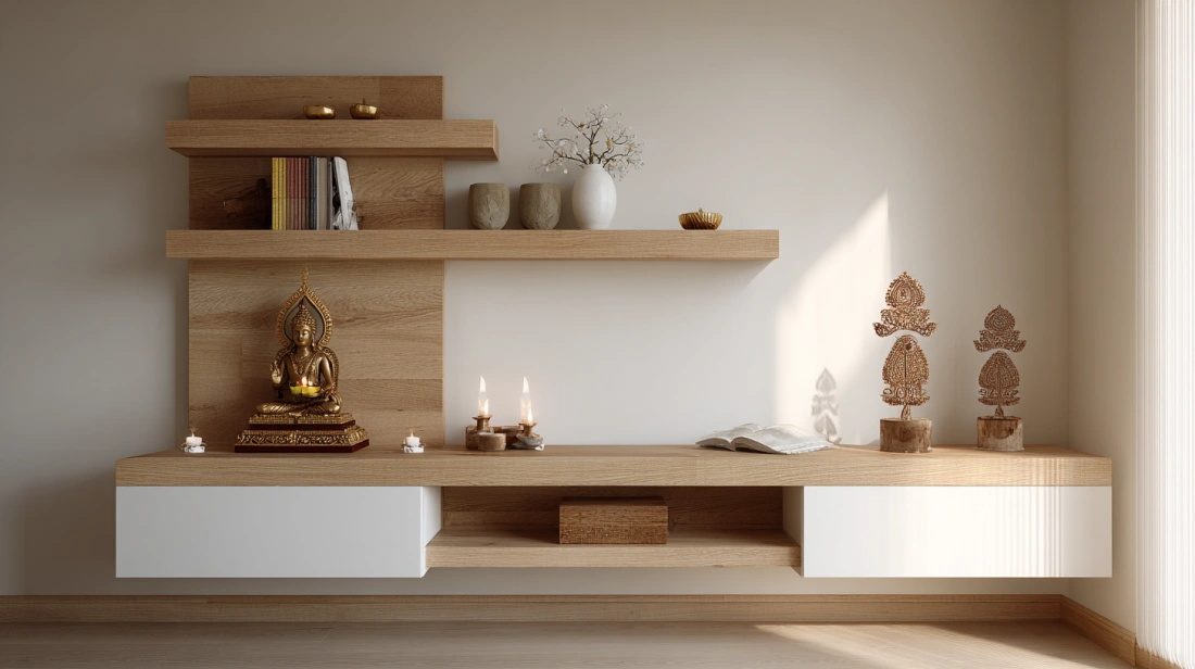 Light oak and white wall mandir in bedroom