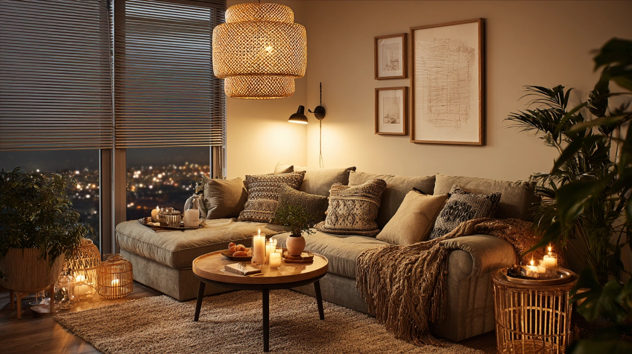 Scandinavian living room layered lighting
