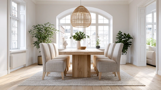 Scandinavian luxury dining room with oak dining table.