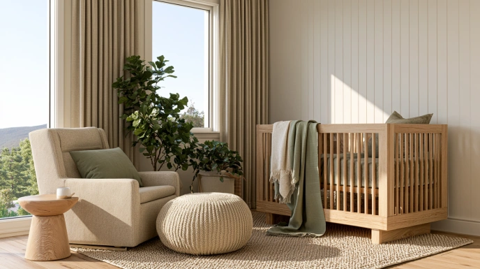 Scandinavian nursery with wooden crib