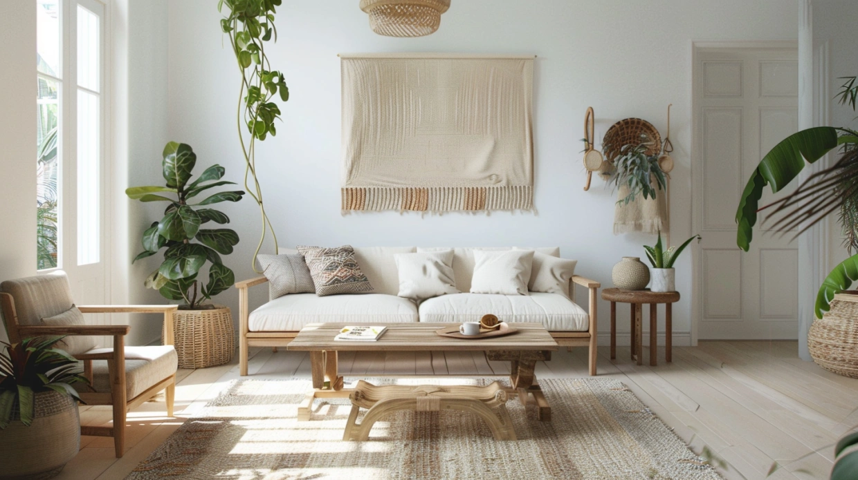 Scandinavian-style Indian living room with light wood and soft tones