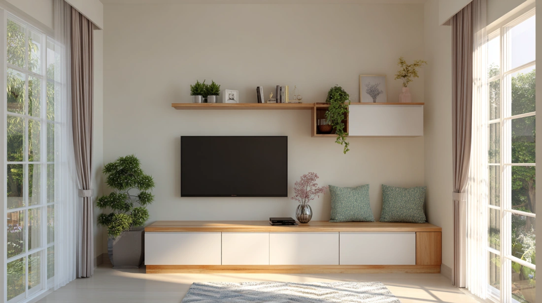 Scandinavian corner TV unit in light wood tones
