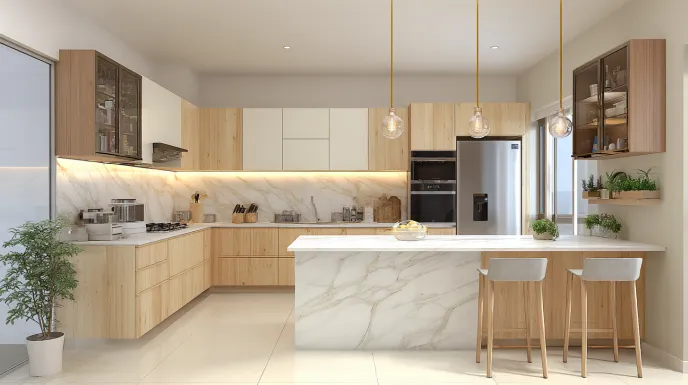scandinavian modular kitchen design with wood and white finish