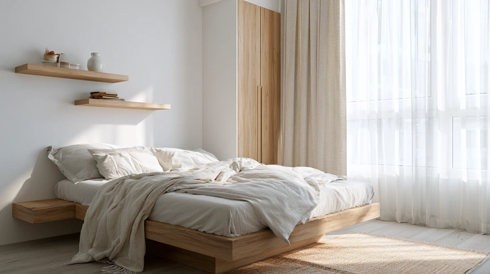 Scandinavian guest bedroom with light oak furniture and white décor