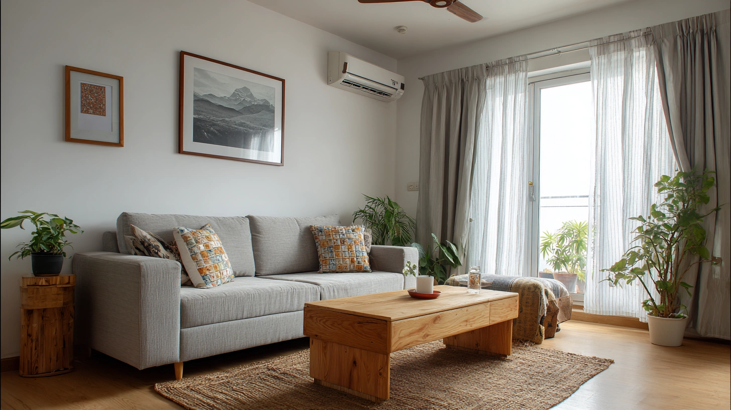 Airy Scandinavian style living room with jute rug