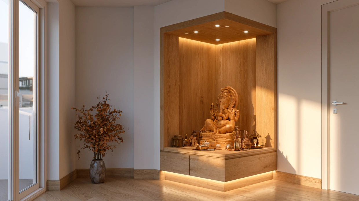 Scandinavian-style corner pooja unit with oak finish