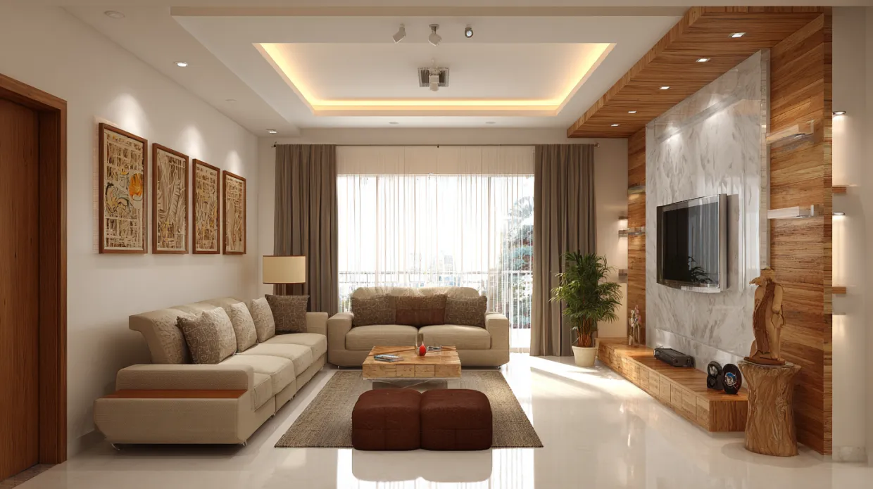 modern living room with beige sofas, wooden tv unit, and indoor plant.