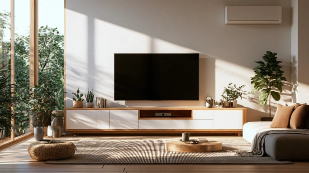 Scandinavian TV unit in a bright home
