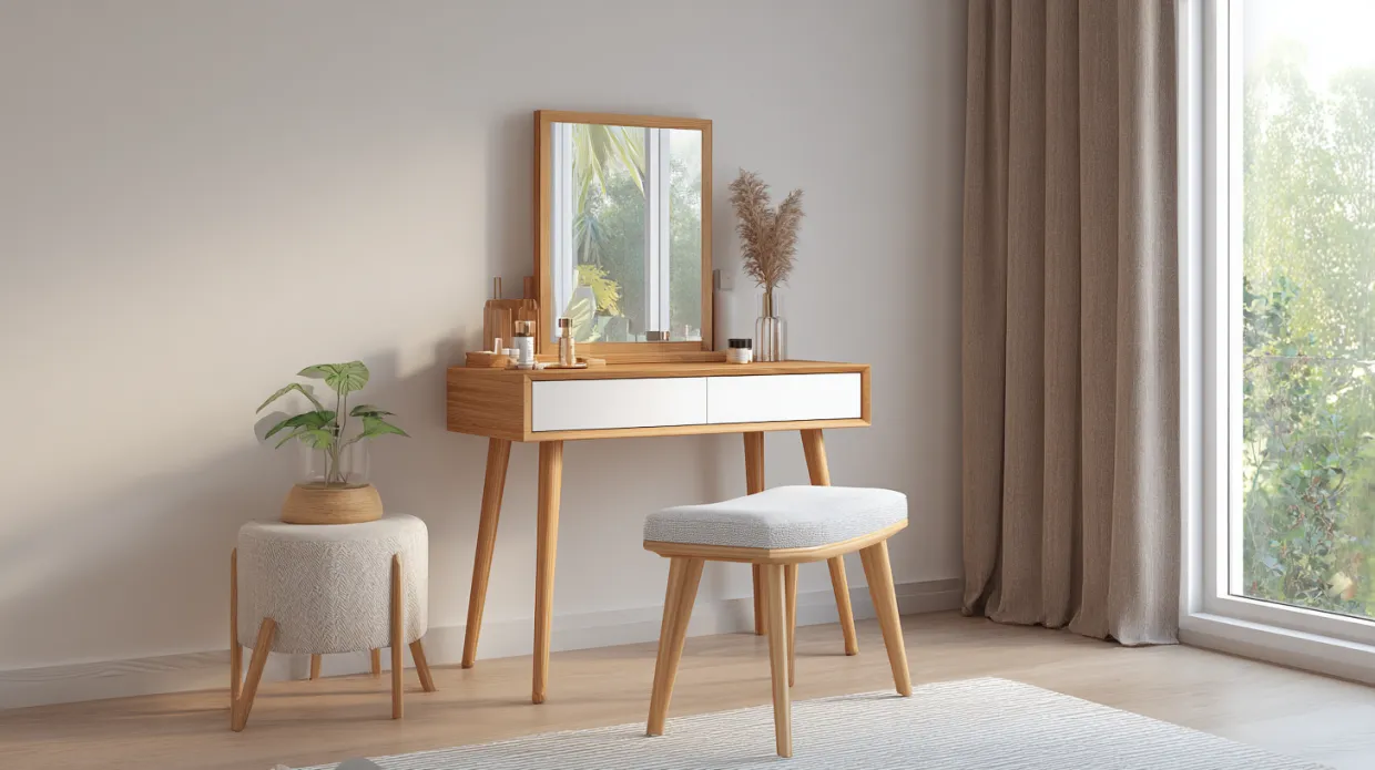 scandinavian wooden dressing table with minimal design and storage, ideal for modern and cozy bedroom interiors