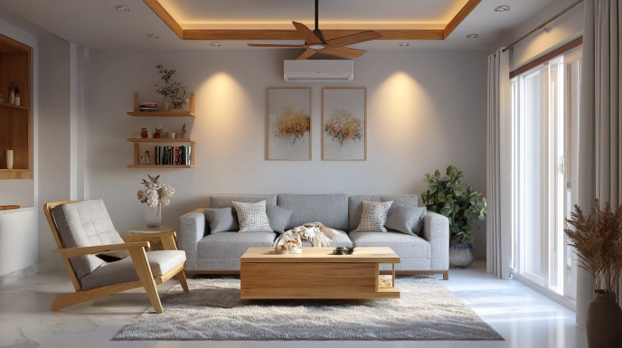 Scandinavian living room with light wood decor
