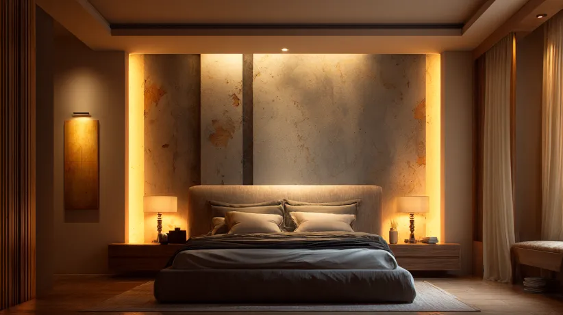 Softly lit bed back with elegant wall sconces and warm backlight