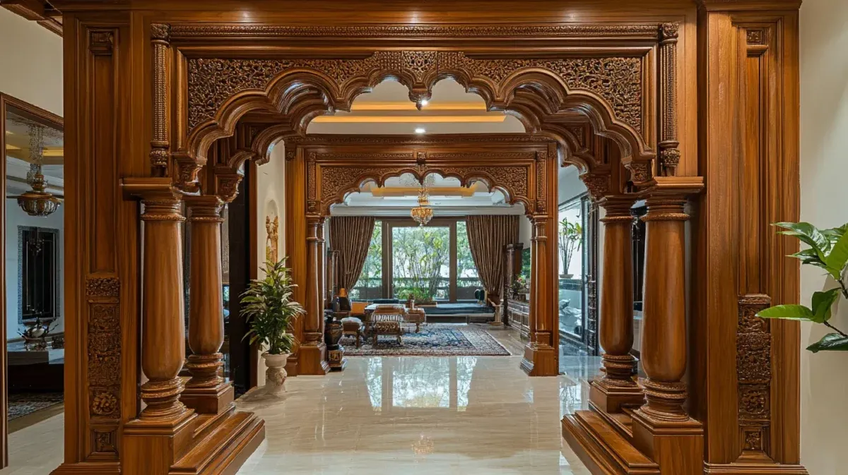 Ornate sculpted wooden archway with traditional pillars